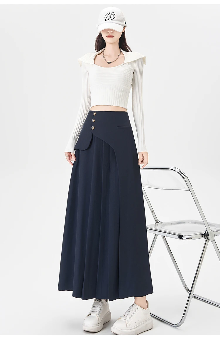 Grey Suiting Midi Skirts for Women High-Waisted A-Line Flare Skirt Perfect Hip-Camouflage Office Skirt for Autumn