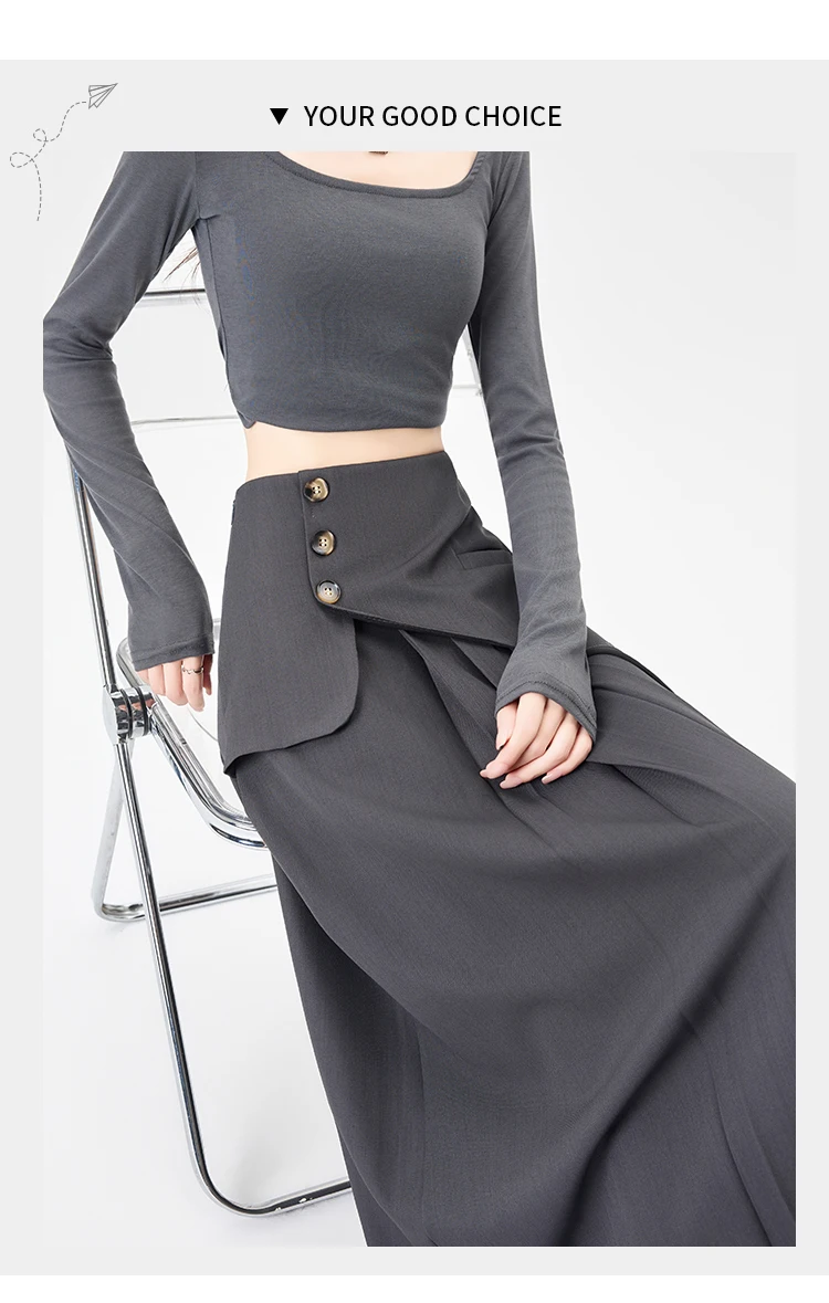 Grey Suiting Midi Skirts for Women High-Waisted A-Line Flare Skirt Perfect Hip-Camouflage Office Skirt for Autumn