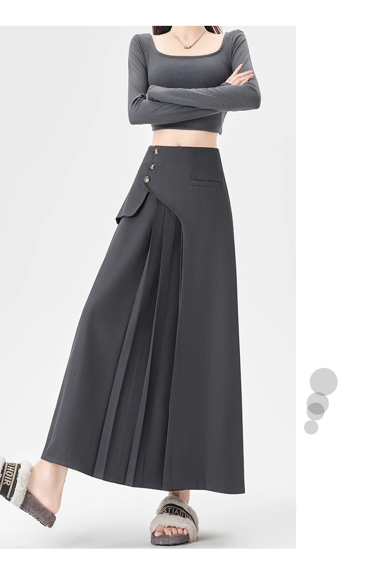 Grey Suiting Midi Skirts for Women High-Waisted A-Line Flare Skirt Perfect Hip-Camouflage Office Skirt for Autumn