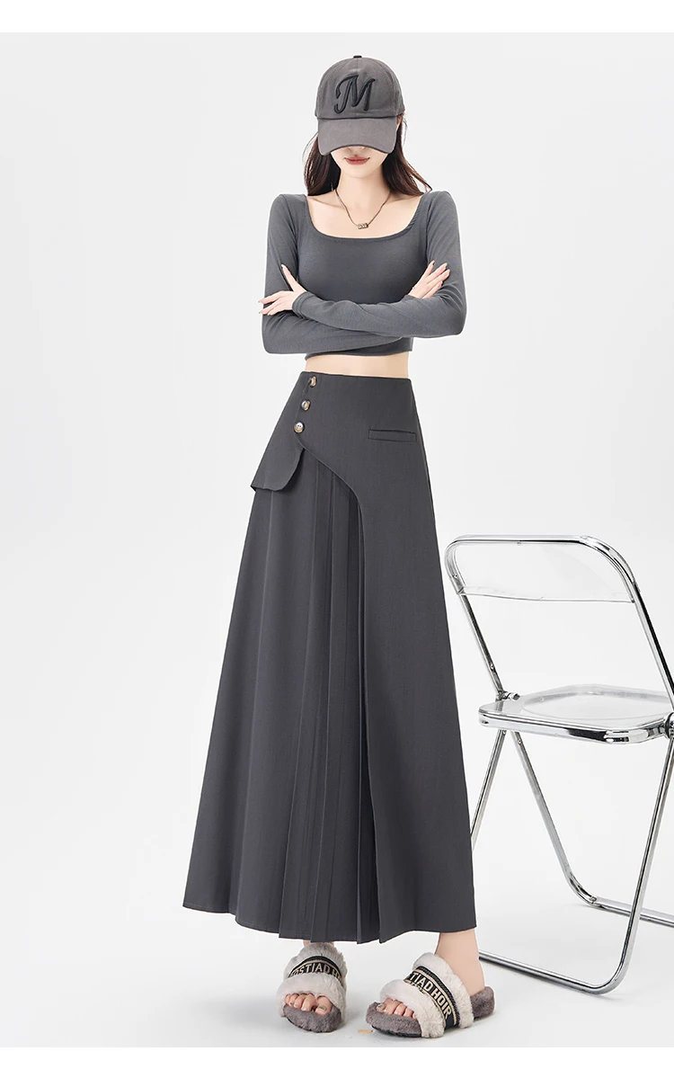 Grey Suiting Midi Skirts for Women High-Waisted A-Line Flare Skirt Perfect Hip-Camouflage Office Skirt for Autumn