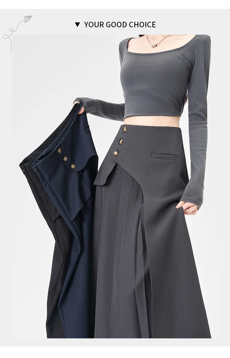 Grey Suiting Midi Skirts for Women High-Waisted A-Line Flare Skirt Perfect Hip-Camouflage Office Skirt for Autumn