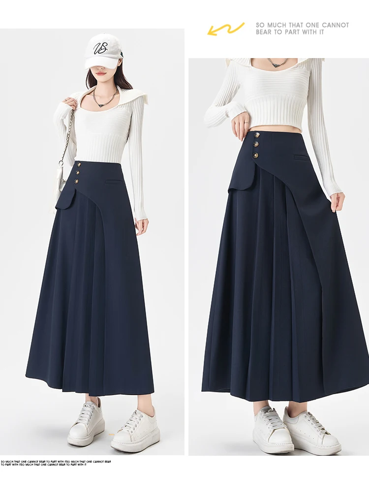 Grey Suiting Midi Skirts for Women High-Waisted A-Line Flare Skirt Perfect Hip-Camouflage Office Skirt for Autumn