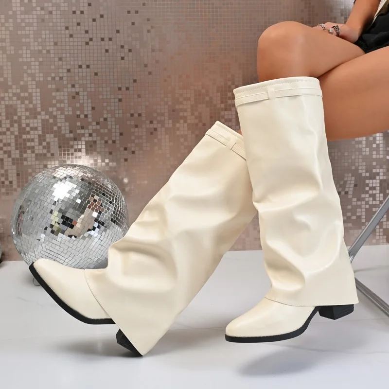 Women's Shoes New Pointed Toe Straight Glossy Medium Long Boots Large Size Chunky Heel Boots Women's Boots