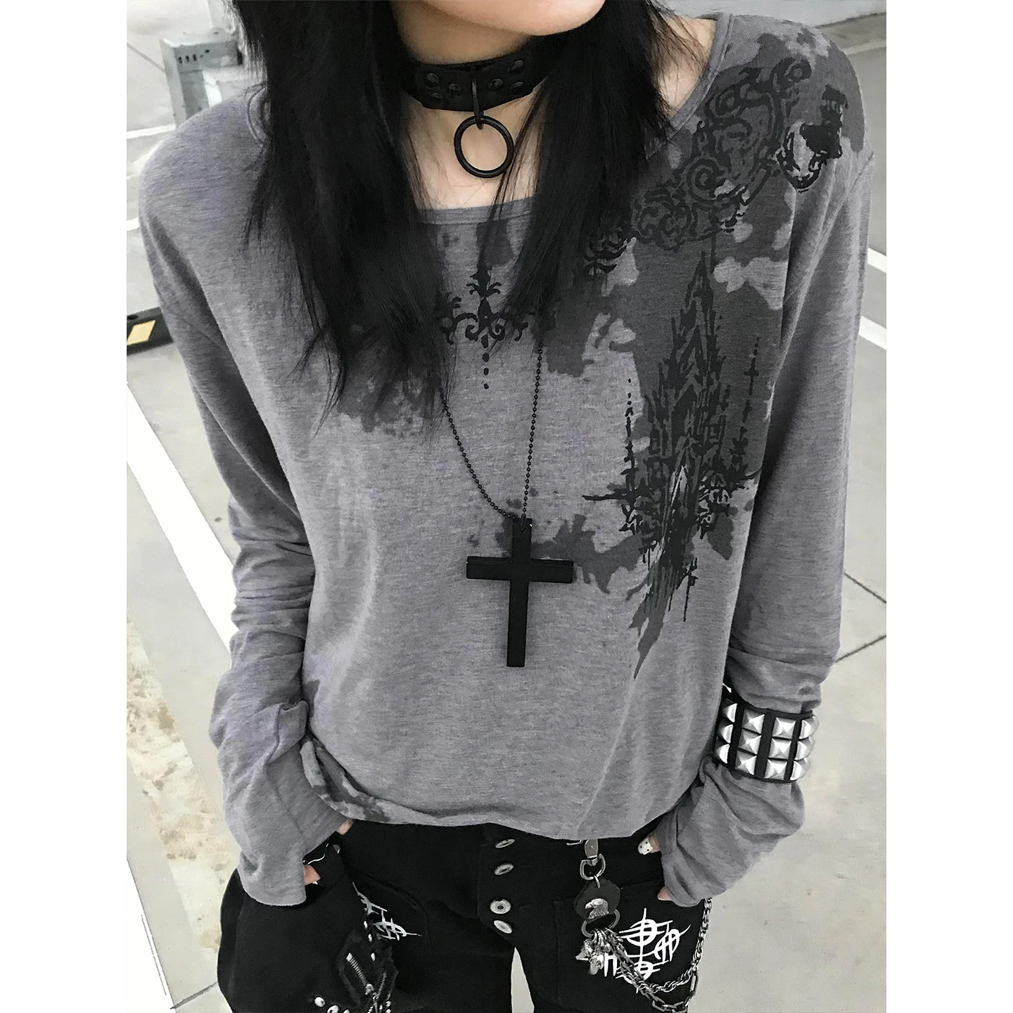 Genayooa Gothic Print T-shirt Women Long Sleeve Casual Y2k Vintage Grunge Tops Tee Streetwear American Retro Tshirts Fairycore