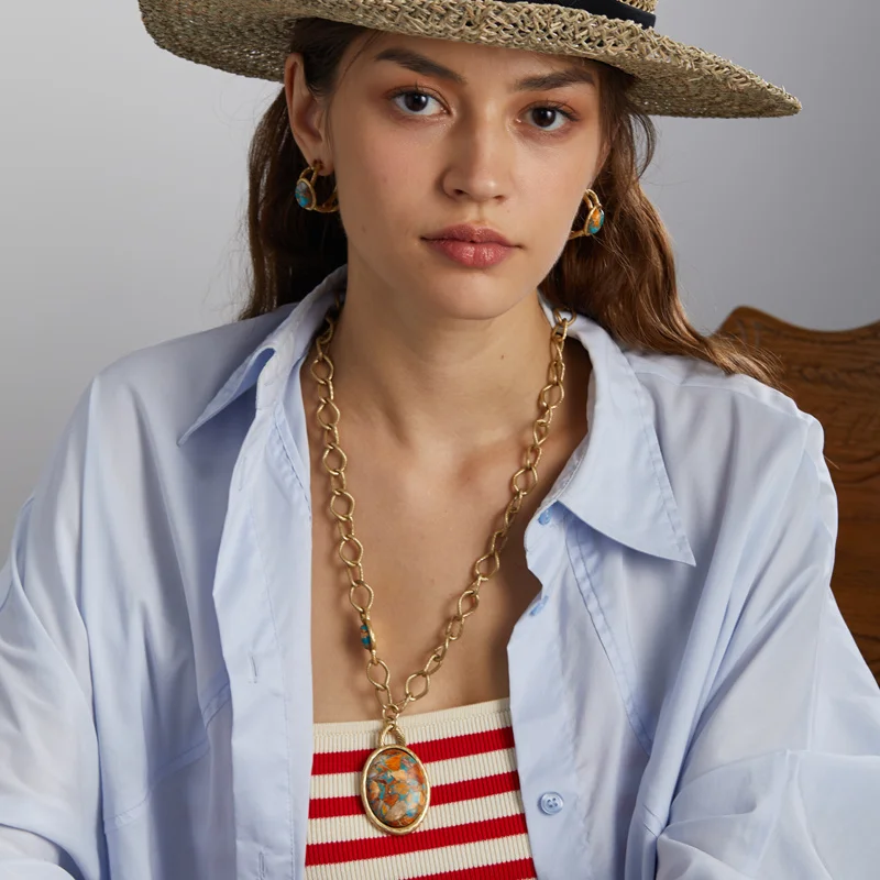Vintage Jewelry Set Oval Natural Stone Nautical Map Designers Pendants And Necklaces Earrings Antique Gold Color Women Ring 2025