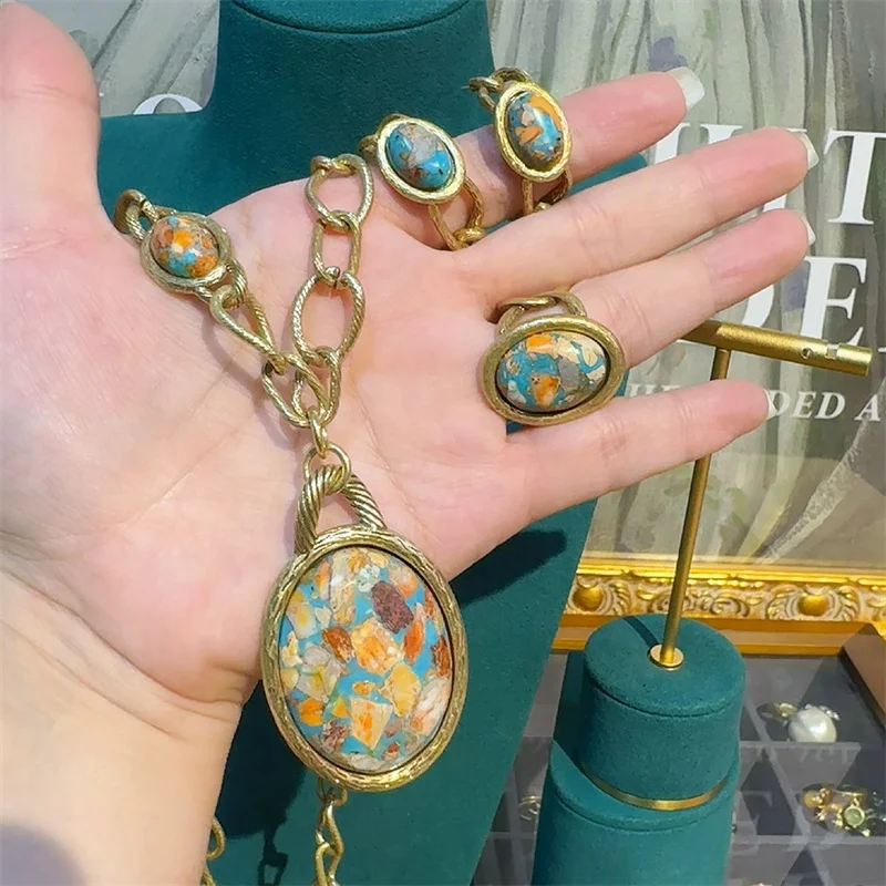 Vintage Jewelry Set Oval Natural Stone Nautical Map Designers Pendants And Necklaces Earrings Antique Gold Color Women Ring 2025