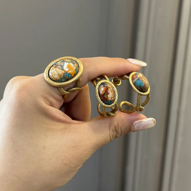 Vintage Jewelry Set Oval Natural Stone Nautical Map Designers Pendants And Necklaces Earrings Antique Gold Color Women Ring 2025