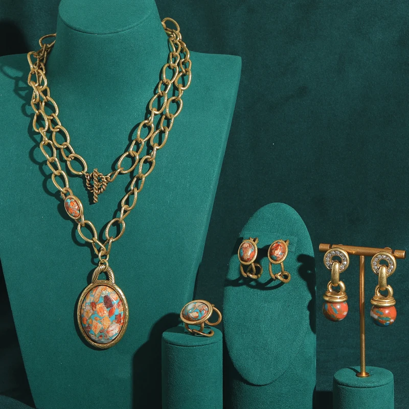 Vintage Jewelry Set Oval Natural Stone Nautical Map Designers Pendants And Necklaces Earrings Antique Gold Color Women Ring 2025