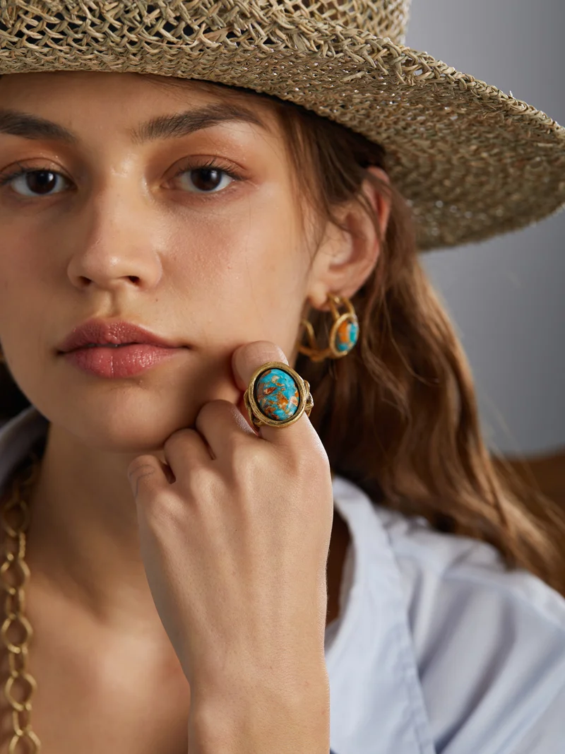 Vintage Jewelry Set Oval Natural Stone Nautical Map Designers Pendants And Necklaces Earrings Antique Gold Color Women Ring 2025
