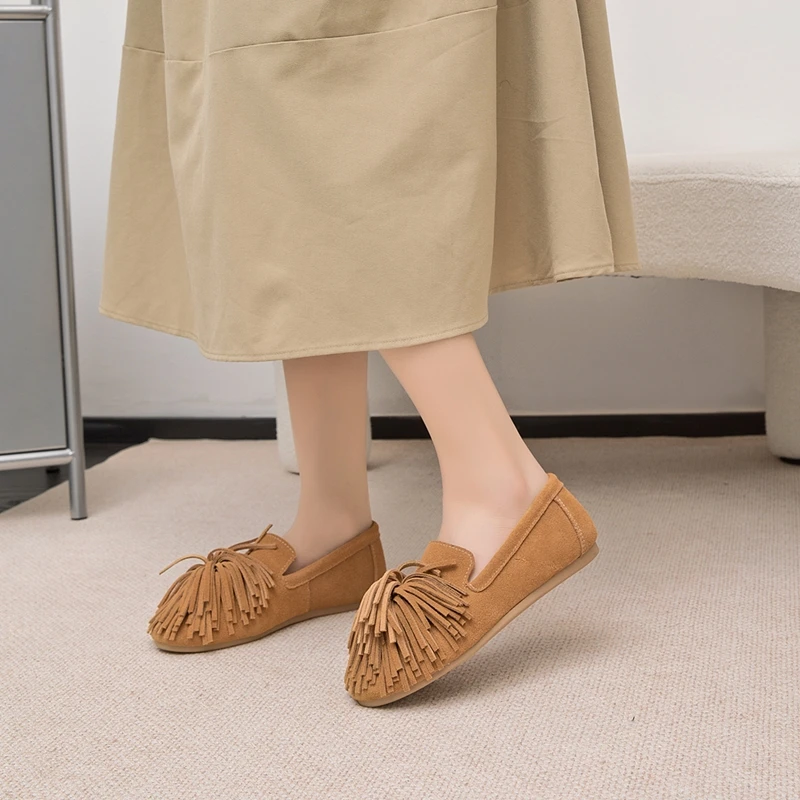 AIYUQI Women's Flat Shoes Genuine Leather 2026 New Tassel Women's Loafers Large Size Ballet Mary Jane Shoes For Women