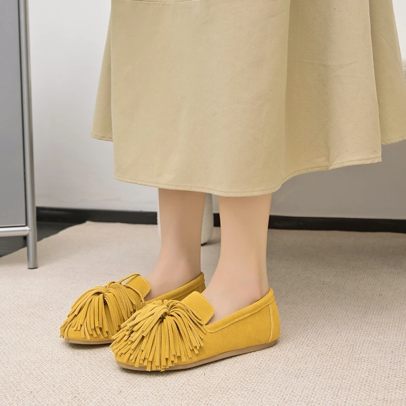 AIYUQI Women's Flat Shoes Genuine Leather 2026 New Tassel Women's Loafers Large Size Ballet Mary Jane Shoes For Women