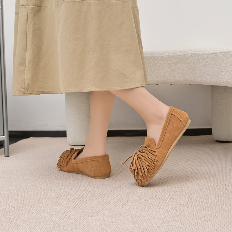 AIYUQI Women's Flat Shoes Genuine Leather 2026 New Tassel Women's Loafers Large Size Ballet Mary Jane Shoes For Women