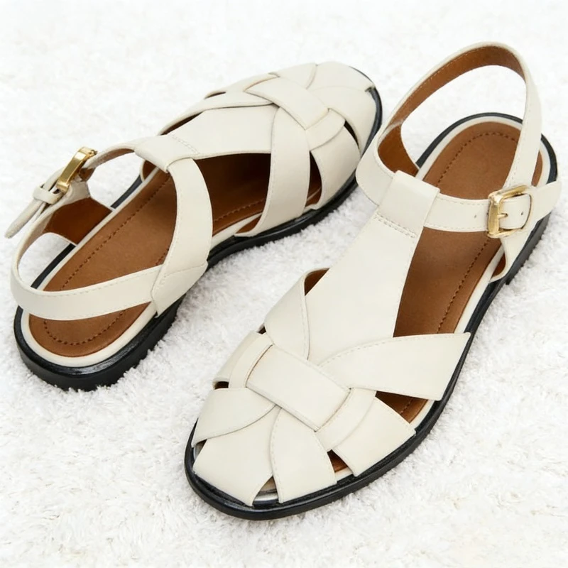 Luxury Metal Buckle Design Brand Flat Sandals Women Fashion Hollow Ankle Strap Gladiator Sandals Sexy Cozy Vacation Beach Shoes