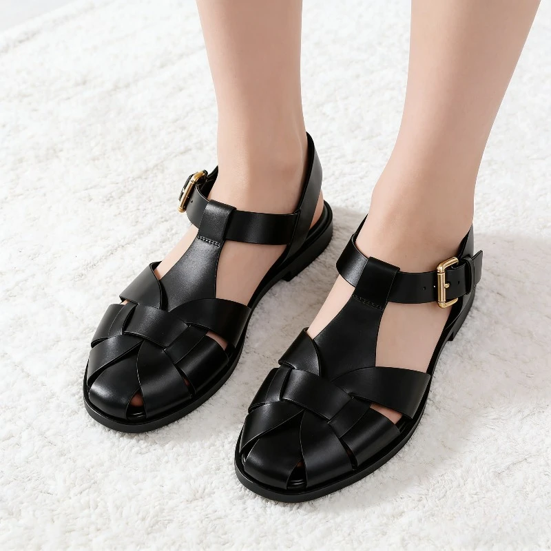 Luxury Metal Buckle Design Brand Flat Sandals Women Fashion Hollow Ankle Strap Gladiator Sandals Sexy Cozy Vacation Beach Shoes