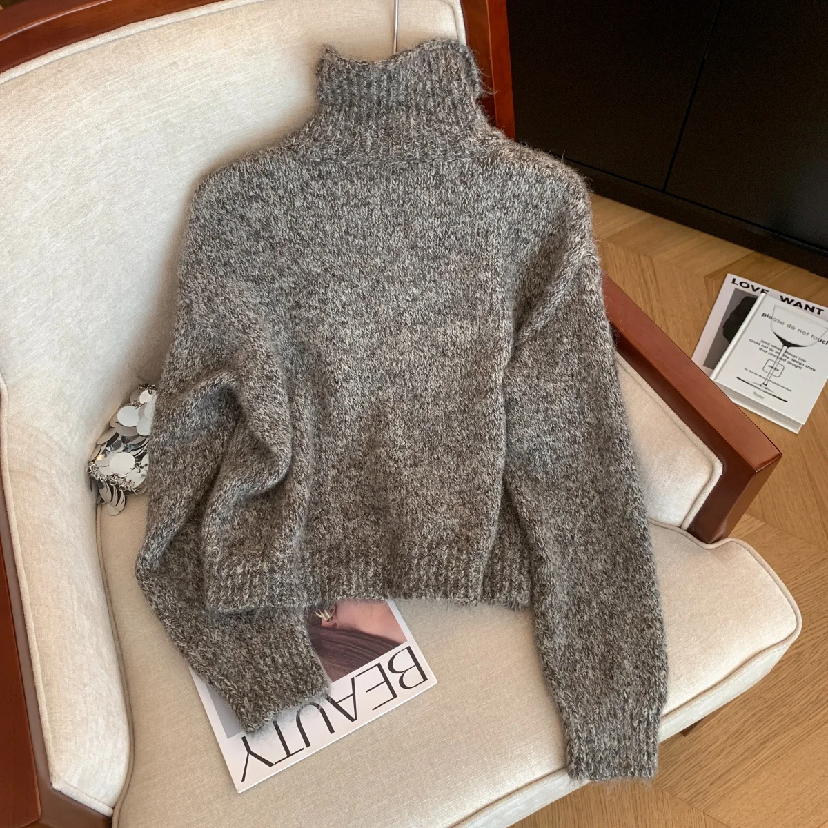 Women's Turtleneck Cardigan Sweater Y2k Vintage 2000s Jumper Knitwear Long Sleeves Korean Soft Cozy Sweater Autumn Winter 2025