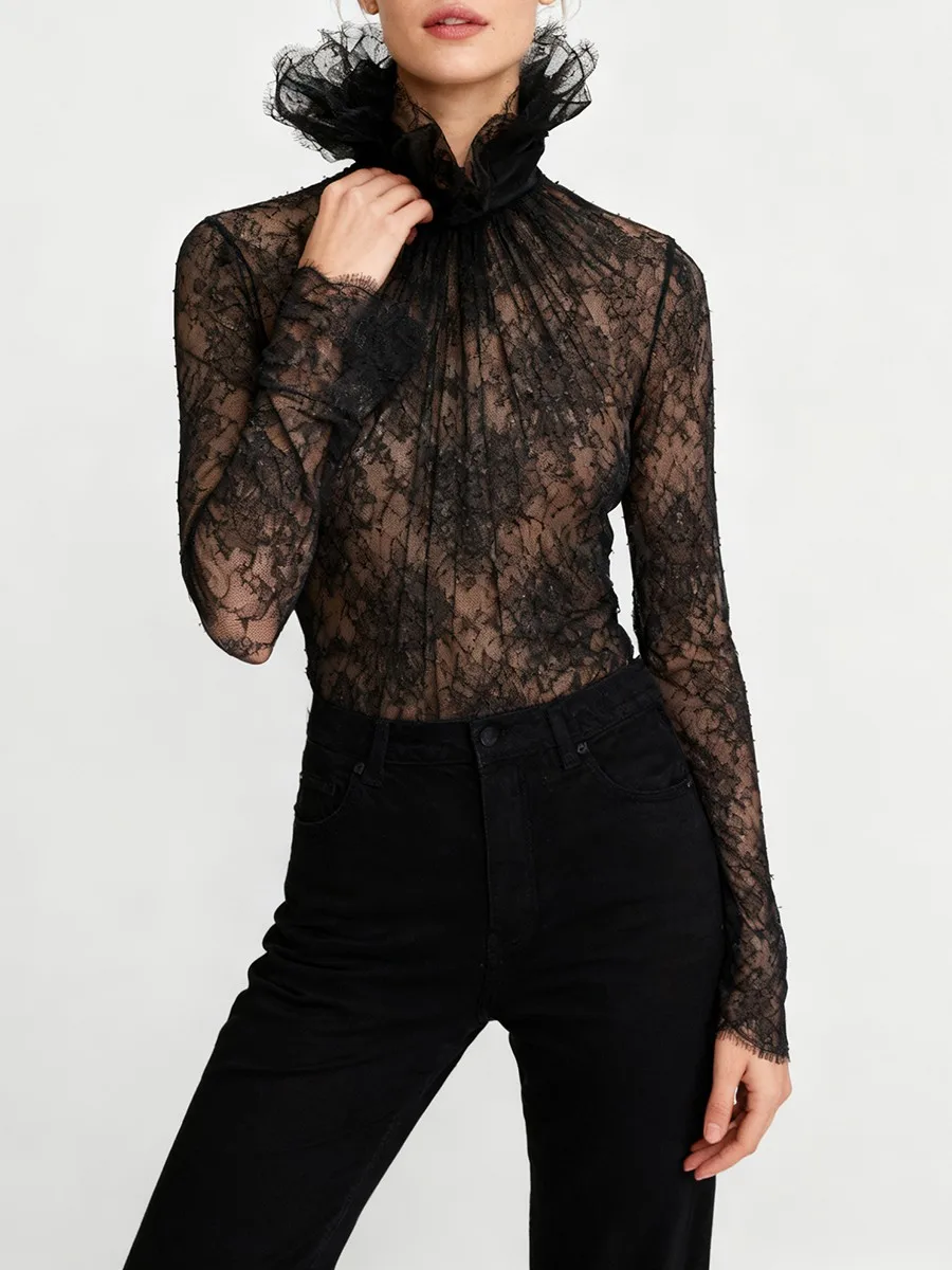 TWOTWINSTYLE Slimming Sheer Spliced Lace Sexy Blouses for Women High Neck Long Sleeves Patchwork Shirring Blouse Female Clothing