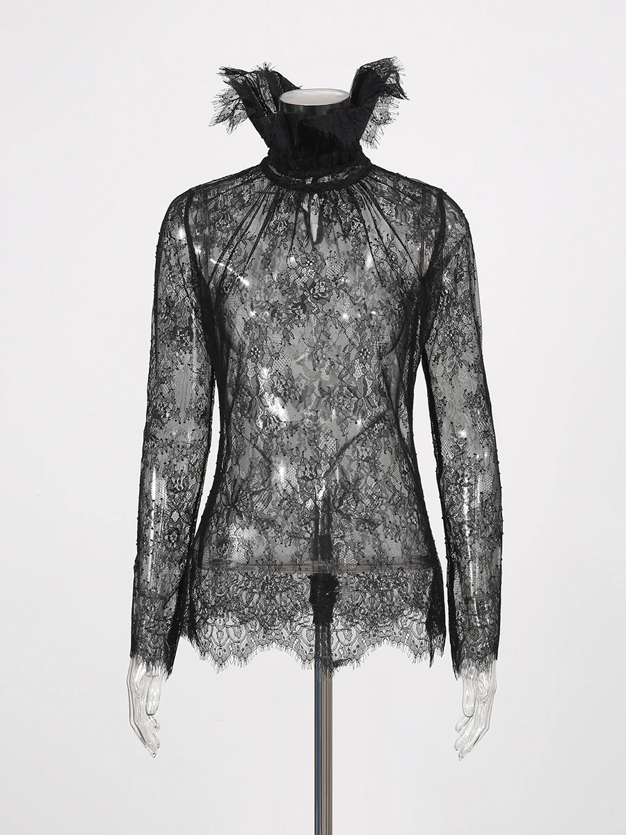 TWOTWINSTYLE Slimming Sheer Spliced Lace Sexy Blouses for Women High Neck Long Sleeves Patchwork Shirring Blouse Female Clothing