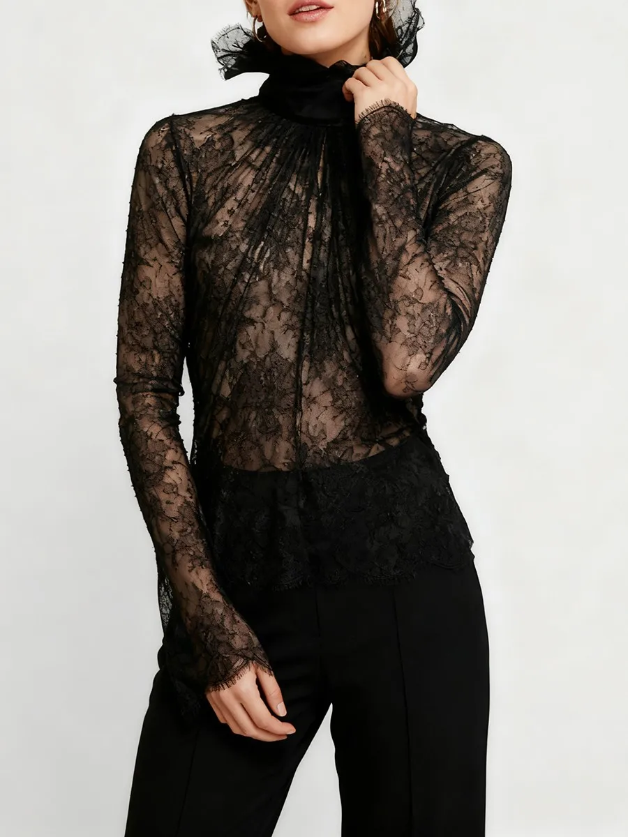 TWOTWINSTYLE Slimming Sheer Spliced Lace Sexy Blouses for Women High Neck Long Sleeves Patchwork Shirring Blouse Female Clothing