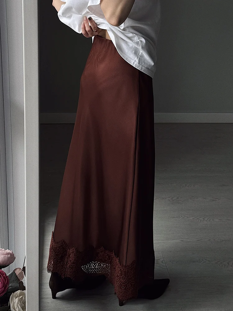 Streamgirl Summer Brown Satin Skirts For Women Long Luxury Bodycon Black Satin Silk Skirt With Lace Lady Office Maxi Skirt Lace