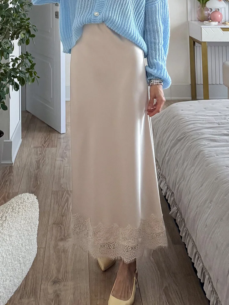 Streamgirl Summer Brown Satin Skirts For Women Long Luxury Bodycon Black Satin Silk Skirt With Lace Lady Office Maxi Skirt Lace