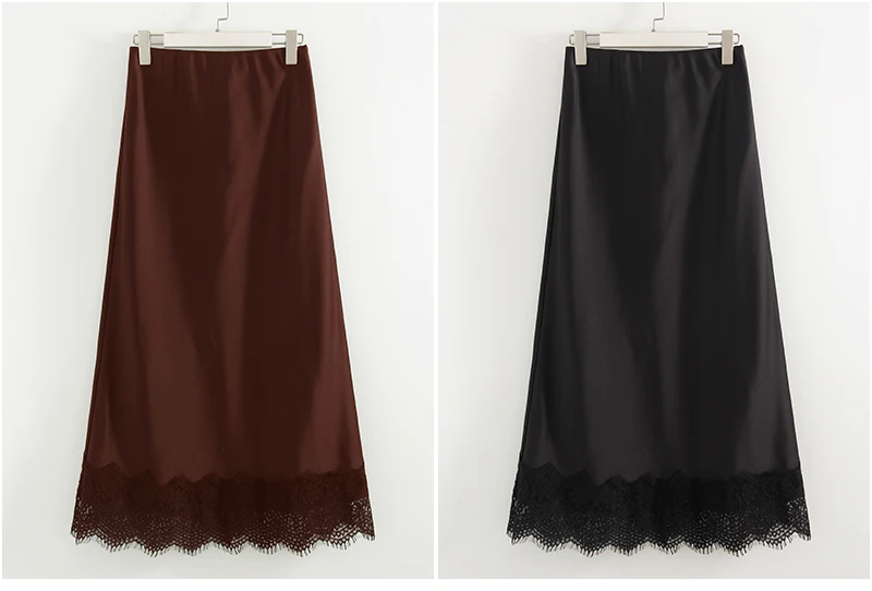 Streamgirl Summer Brown Satin Skirts For Women Long Luxury Bodycon Black Satin Silk Skirt With Lace Lady Office Maxi Skirt Lace
