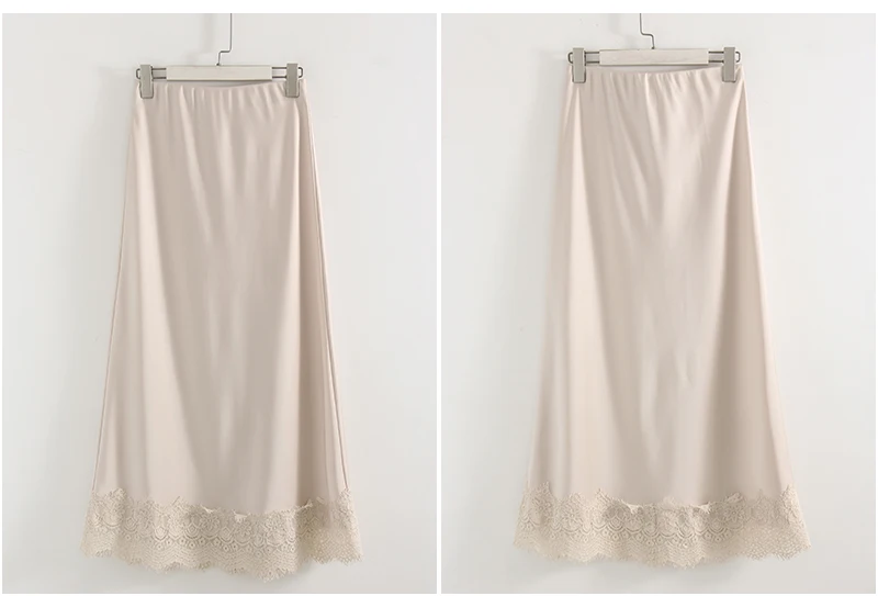 Streamgirl Summer Brown Satin Skirts For Women Long Luxury Bodycon Black Satin Silk Skirt With Lace Lady Office Maxi Skirt Lace
