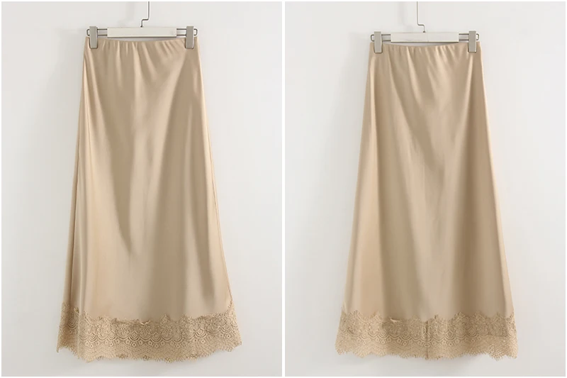 Streamgirl Summer Brown Satin Skirts For Women Long Luxury Bodycon Black Satin Silk Skirt With Lace Lady Office Maxi Skirt Lace