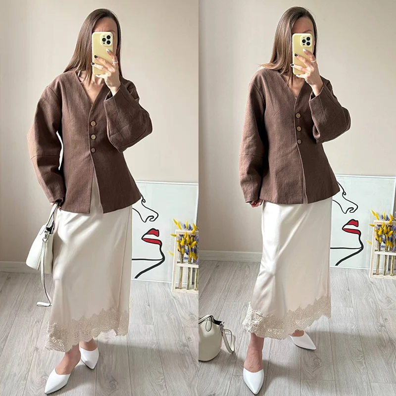 Streamgirl Summer Brown Satin Skirts For Women Long Luxury Bodycon Black Satin Silk Skirt With Lace Lady Office Maxi Skirt Lace