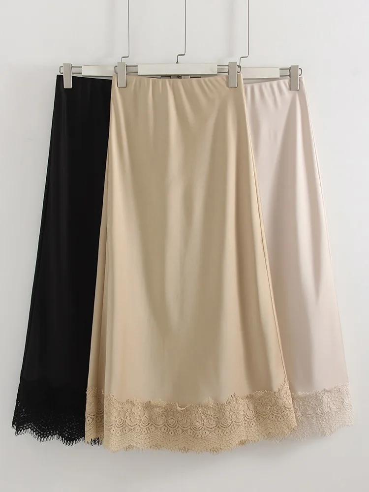 Streamgirl Summer Brown Satin Skirts For Women Long Luxury Bodycon Black Satin Silk Skirt With Lace Lady Office Maxi Skirt Lace