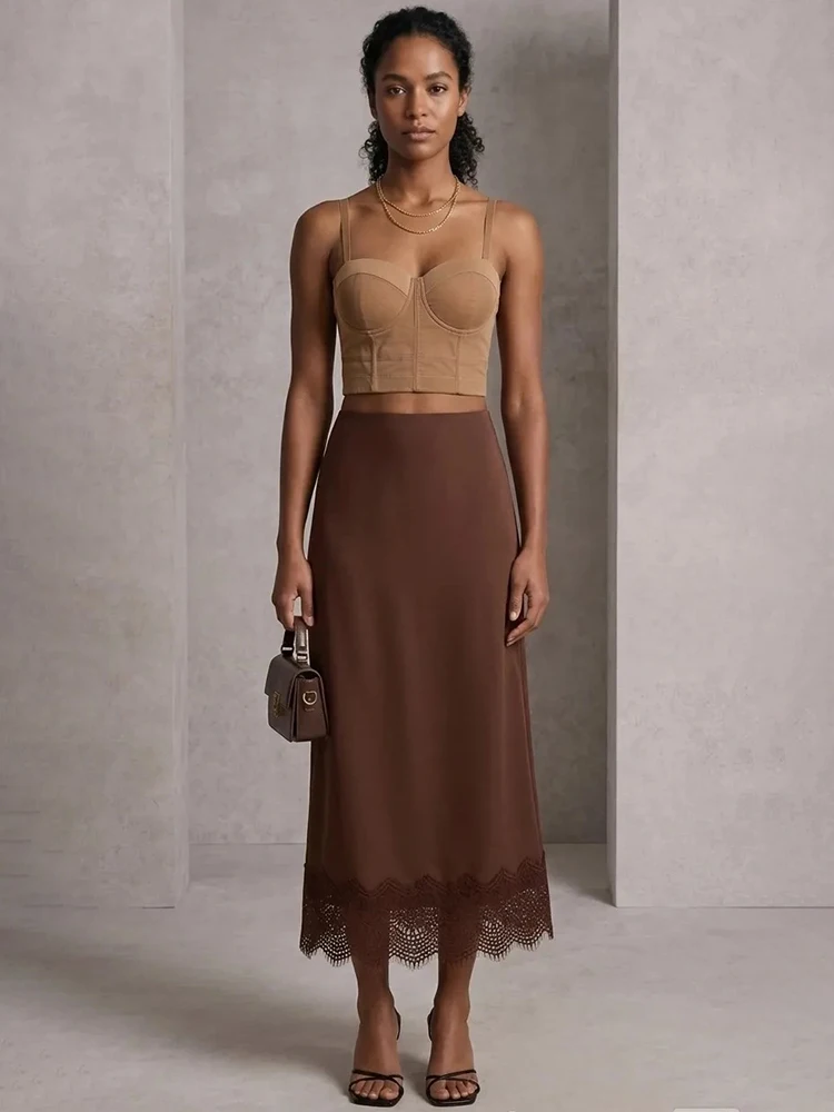 Streamgirl Summer Brown Satin Skirts For Women Long Luxury Bodycon Black Satin Silk Skirt With Lace Lady Office Maxi Skirt Lace