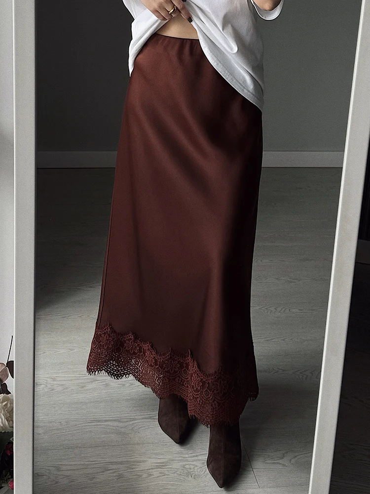 Streamgirl Summer Brown Satin Skirts For Women Long Luxury Bodycon Black Satin Silk Skirt With Lace Lady Office Maxi Skirt Lace
