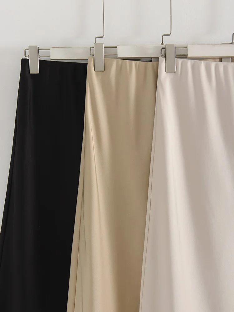 Streamgirl Summer Brown Satin Skirts For Women Long Luxury Bodycon Black Satin Silk Skirt With Lace Lady Office Maxi Skirt Lace