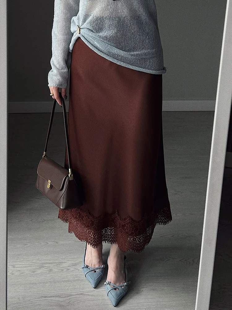 Streamgirl Summer Brown Satin Skirts For Women Long Luxury Bodycon Black Satin Silk Skirt With Lace Lady Office Maxi Skirt Lace