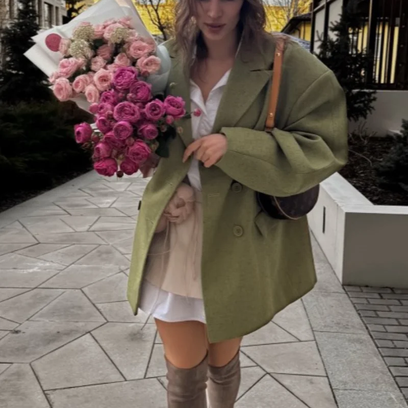 Women Loose Fit Blazer Notched Lapel Double Breasted Drop Shoulder Patch Pockets Casual Suit Jacket 2026 New Ladies Outerwear