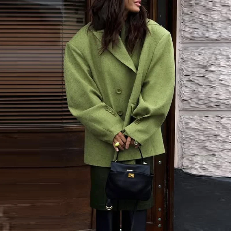 Women Loose Fit Blazer Notched Lapel Double Breasted Drop Shoulder Patch Pockets Casual Suit Jacket 2026 New Ladies Outerwear