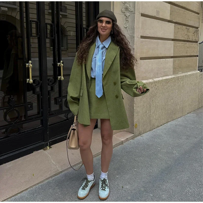 Women Loose Fit Blazer Notched Lapel Double Breasted Drop Shoulder Patch Pockets Casual Suit Jacket 2026 New Ladies Outerwear