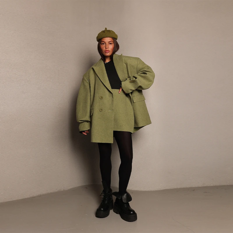 Women Loose Fit Blazer Notched Lapel Double Breasted Drop Shoulder Patch Pockets Casual Suit Jacket 2026 New Ladies Outerwear