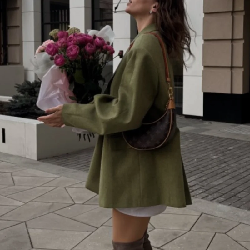 Women Loose Fit Blazer Notched Lapel Double Breasted Drop Shoulder Patch Pockets Casual Suit Jacket 2026 New Ladies Outerwear