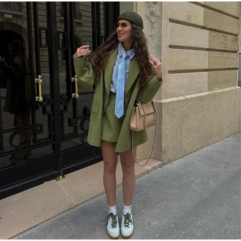 Women Loose Fit Blazer Notched Lapel Double Breasted Drop Shoulder Patch Pockets Casual Suit Jacket 2026 New Ladies Outerwear
