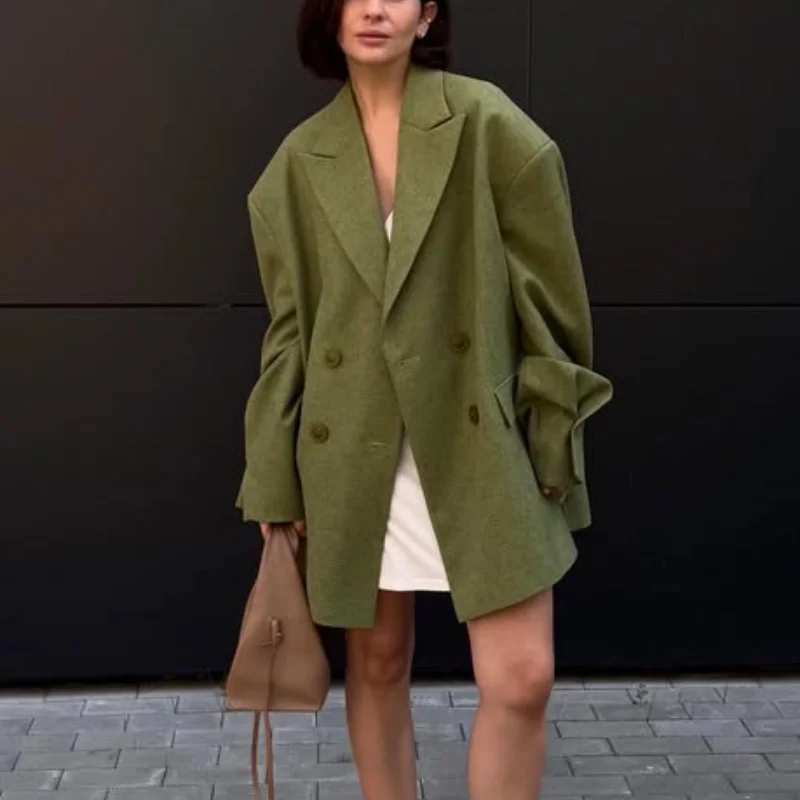 Women Loose Fit Blazer Notched Lapel Double Breasted Drop Shoulder Patch Pockets Casual Suit Jacket 2026 New Ladies Outerwear