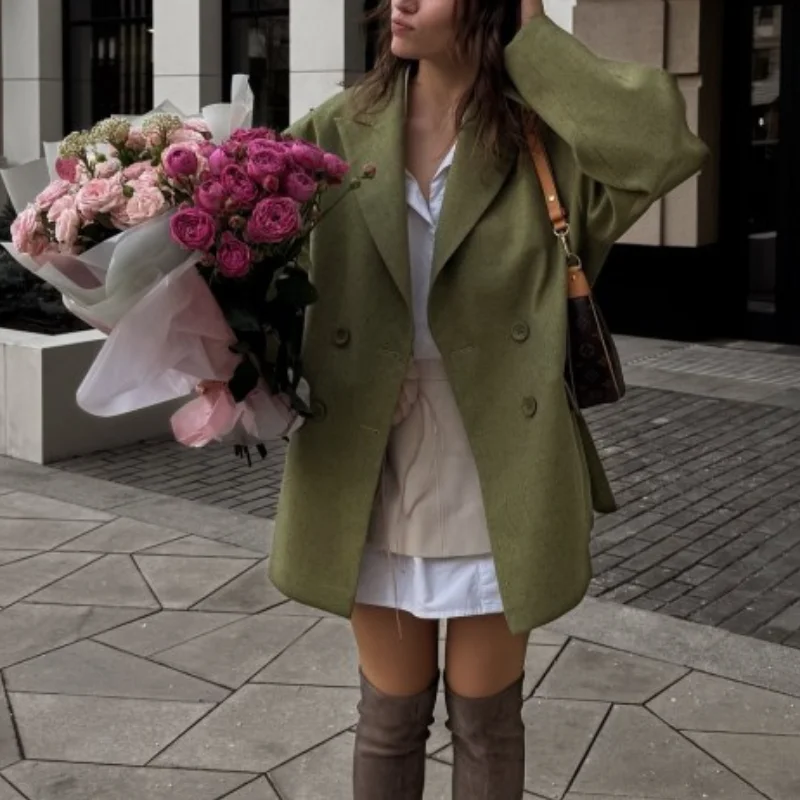 Women Loose Fit Blazer Notched Lapel Double Breasted Drop Shoulder Patch Pockets Casual Suit Jacket 2026 New Ladies Outerwear