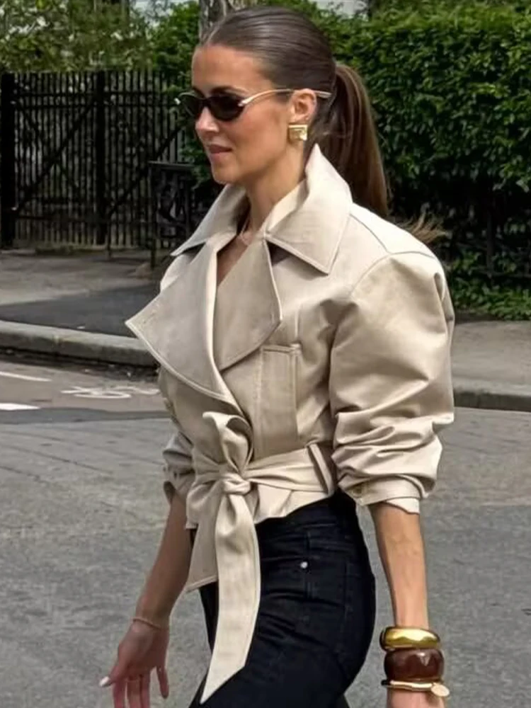 SLTNX 2026 New Women's British Wind Trench Coat Style Double-breasted Long Sleeve Belt Lapel Jacket Short Coat