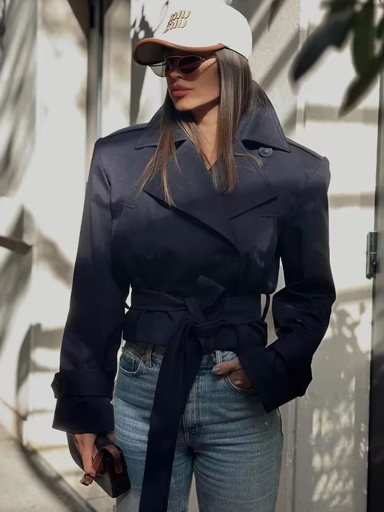SLTNX 2026 New Women's British Wind Trench Coat Style Double-breasted Long Sleeve Belt Lapel Jacket Short Coat