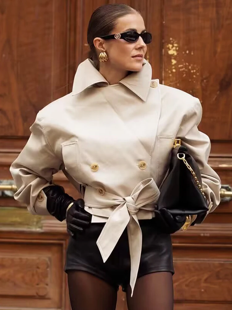 SLTNX 2026 New Women's British Wind Trench Coat Style Double-breasted Long Sleeve Belt Lapel Jacket Short Coat