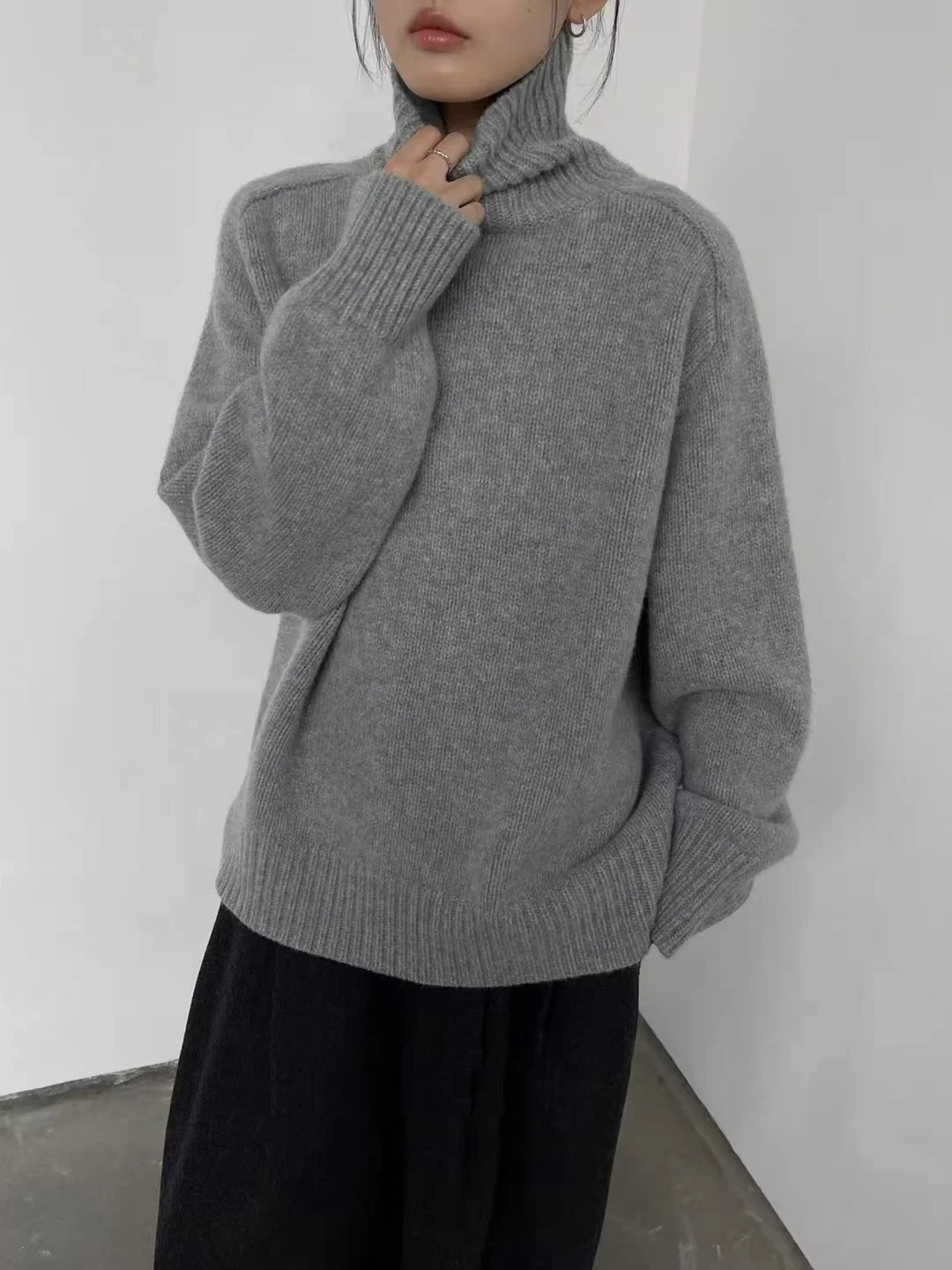 Turtleneck Women Wool Sweater Long Sleeve Casual Loose Cashmere Pullover Knitted Fashion Basic Top Oversized Warm Quality Jumper