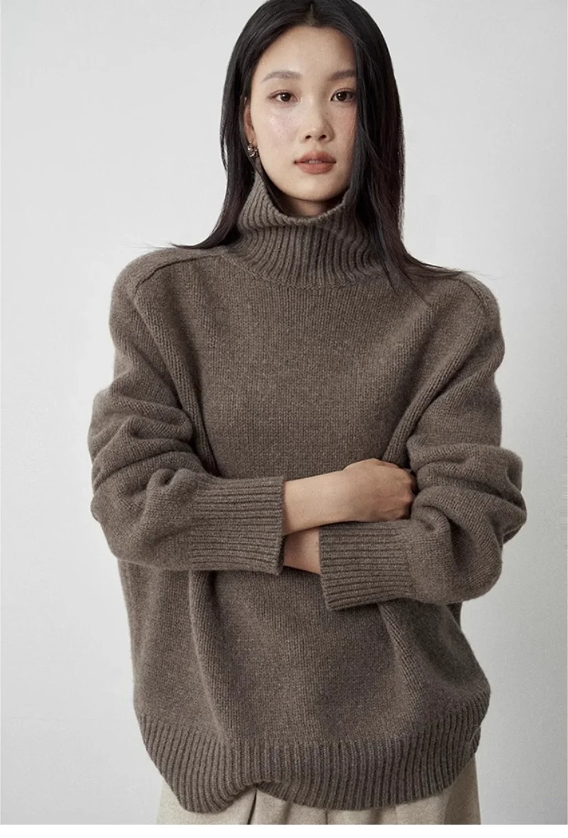 Turtleneck Women Wool Sweater Long Sleeve Casual Loose Cashmere Pullover Knitted Fashion Basic Top Oversized Warm Quality Jumper