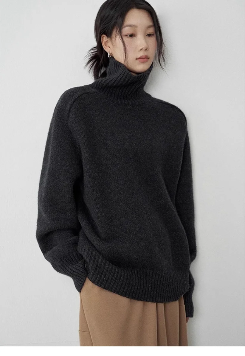 Turtleneck Women Wool Sweater Long Sleeve Casual Loose Cashmere Pullover Knitted Fashion Basic Top Oversized Warm Quality Jumper