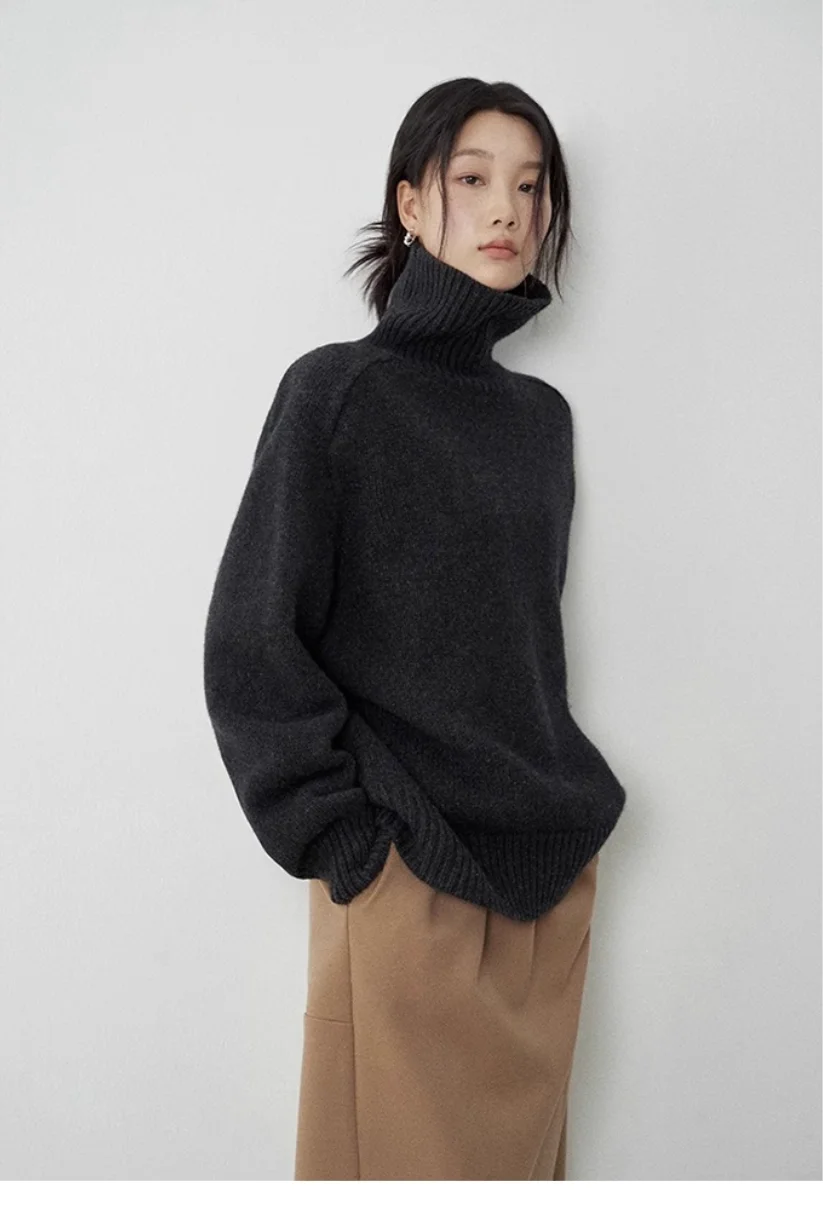 Turtleneck Women Wool Sweater Long Sleeve Casual Loose Cashmere Pullover Knitted Fashion Basic Top Oversized Warm Quality Jumper