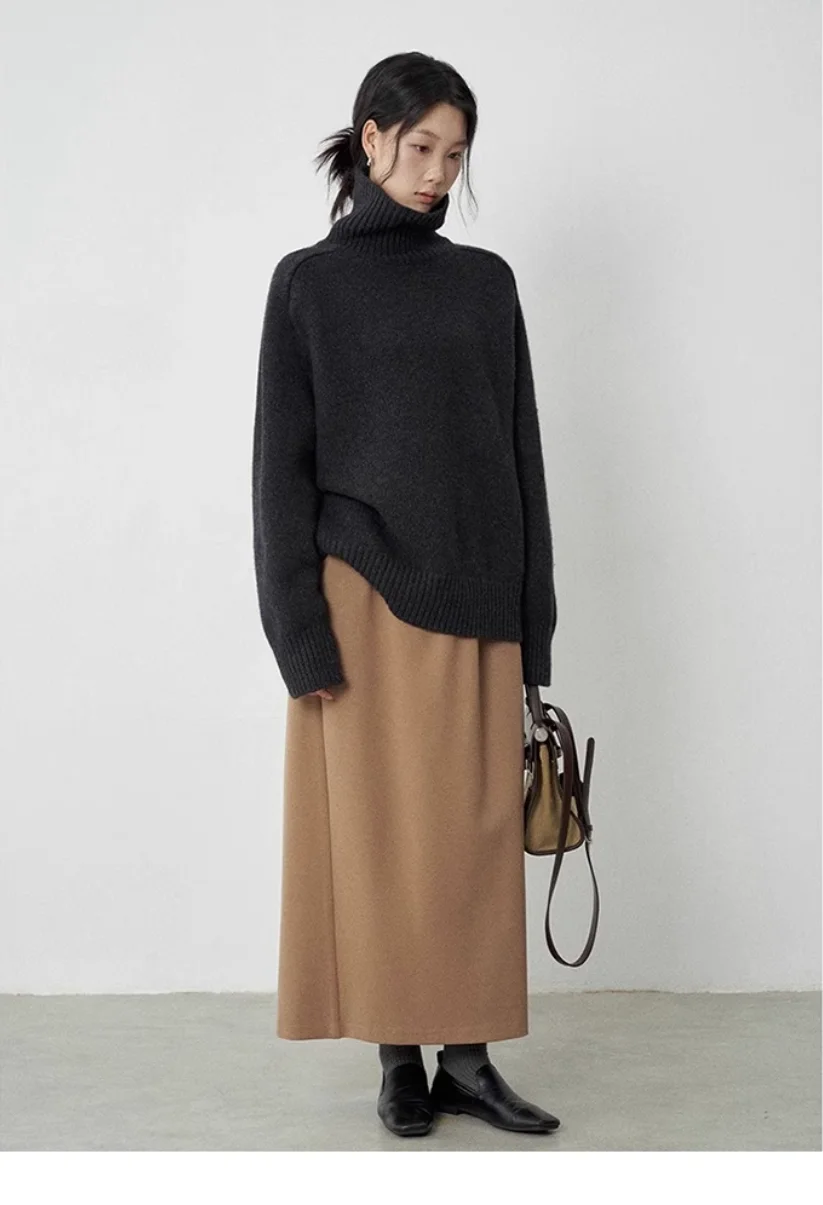 Turtleneck Women Wool Sweater Long Sleeve Casual Loose Cashmere Pullover Knitted Fashion Basic Top Oversized Warm Quality Jumper