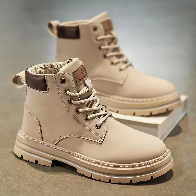 1-Pair MAINALUN Men's & Women's Heavy-Duty All-Terrain High-Top Boots - PU/Fabric Upper, Beige/Tan Lace-Up Ankle/Boot Boots with